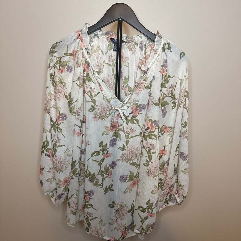 Chaps Women's Floral Print Long Sleeve Ruffle Neck Blouse-XL
